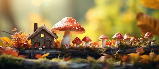 Poster - Cozy little house located beside a charming mushroom dwelling in autumn. with copy space image. Place for adding text or design