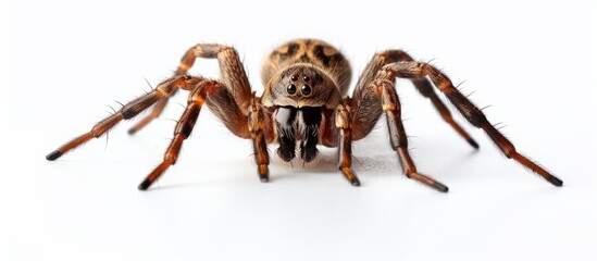 Poster - Spider with its jaws parted, showing its open mouth, captured in a close-up shot on a plain white surface. with copy space image. Place for adding text or design