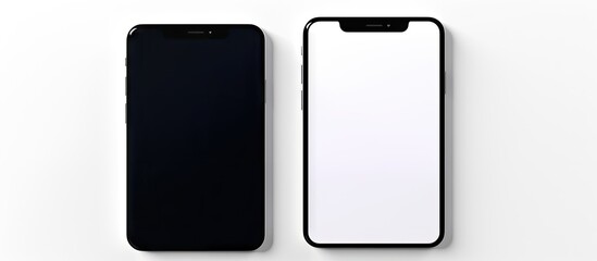 Poster - Pair of smartphones positioned side by side on a plain white tabletop. with copy space image. Place for adding text or design