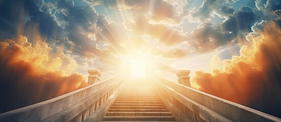 Poster - Staircase leading upwards to a bright light, symbolizing a spiritual journey towards enlightenment. with copy space image. Place for adding text or design