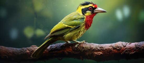 Poster - A brightly colored bird is perched on a branch in a lush forest, showcasing its vibrant plumage amidst the greenery. with copy space image. Place for adding text or design