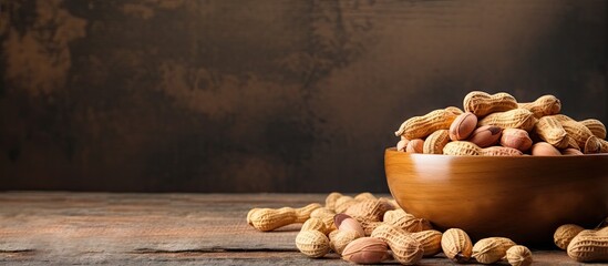 Leinwandbilder - An up-close view of a bowl filled with peanuts resting on a wooden table surface. with copy space image. Place for adding text or design