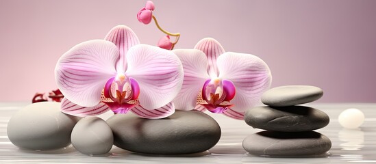 Aufkleber - Arrangement of three orchids and three stones placed neatly on a flat surface. with copy space image. Place for adding text or design