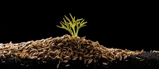 Poster - A plant sprouting from a mound of rice grains with visible growth and development. with copy space image. Place for adding text or design