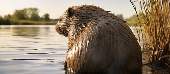 Poster - Beaver peacefully seated in the water, showcasing a rear view of a nutria with its distinctive head and long bald tail visible. with copy space image. Place for adding text or design