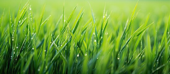 Fototapete - Lush rice plants thriving in a picturesque farm field, enriched by dewy water droplets under the beautiful sky. with copy space image. Place for adding text or design