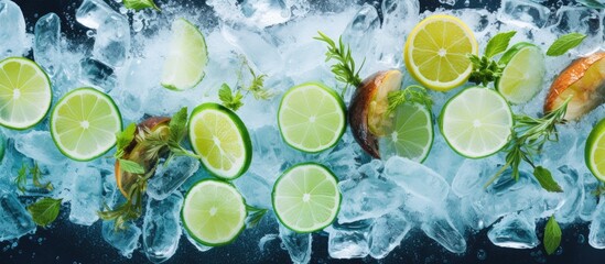 Aufkleber - Fresh limes and lime slices arranged on a bed of ice, creating a refreshing and vibrant display. with copy space image. Place for adding text or design