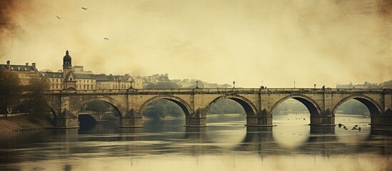Poster - Historic bridge over a river featuring a quaint clock tower in an ancient town with aged paper texture. with copy space image. Place for adding text or design