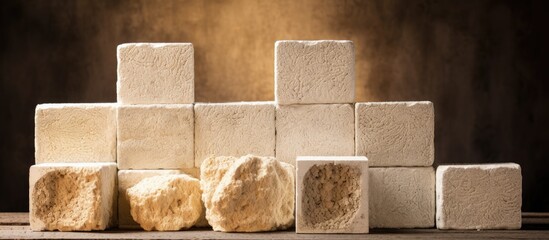 Fototapete - a detailed view of a pile of fluffy marshmallows placed on a wooden table. with copy space image. pl