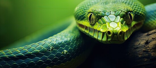 Poster - A close-up of a vibrant green serpent sticking out its long tongue, capturing a striking moment in nature's beauty. with copy space image. Place for adding text or design