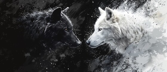 black and white wolves representing yin and yang, abstract paint splashes, contrast, digital art 8k 