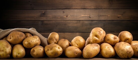 Leinwandbilder - Potatoes are heaped on a wooden table beside a sack of burlock in a rustic setting. with copy space image. Place for adding text or design