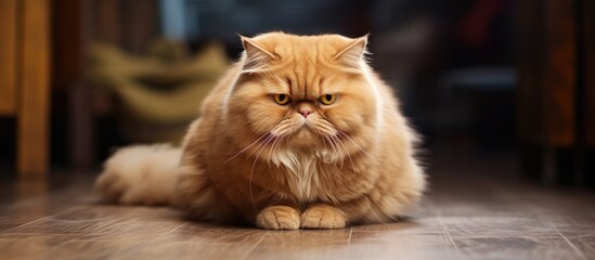 Poster - Large red feline with thick fur seated on ground, gazing directly at the viewer. with copy space image. Place for adding text or design