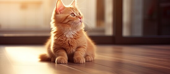 Poster - Tiny feline with orange fur sitting on the ground and looking upwards attentively. with copy space image. Place for adding text or design