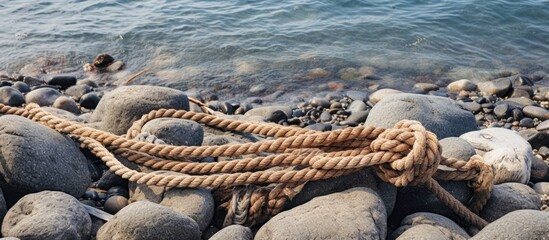 Poster - Worn marine rope lies on pebble beach by water under sunny sky in summer day, viewed from top. with copy space image. Place for adding text or design