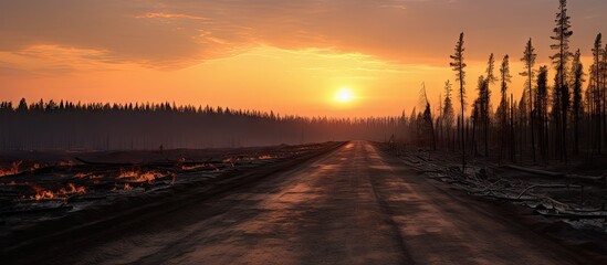 Wall Mural - Truck with tire driving on dirt path near fiery scene in forest. with copy space image. Place for adding text or design