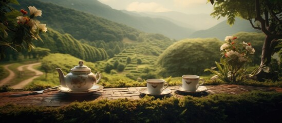 Poster - Table set with two cups of tea against a backdrop of majestic mountains, ideal for tea lovers seeking a scenic retreat. with copy space image. Place for adding text or design