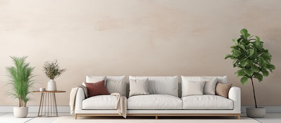 Poster - White couch adorned with pillows, accompanied by a leafy plant, creating a cozy living space. with copy space image. Place for adding text or design