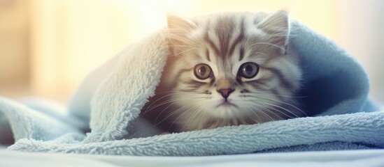Aufkleber - Small kitten concealed below a blanket on a table during winter, displaying a soft vintage color scheme. with copy space image. Place for adding text or design
