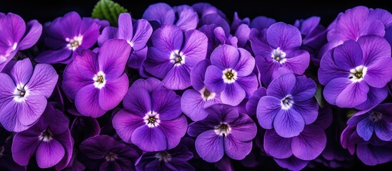 Poster - Purple primrose flowers arranged in a straight line against a dark backdrop. with copy space image. Place for adding text or design