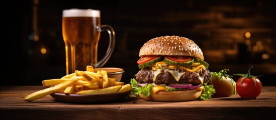 Aufkleber - Close-up of a delicious cheeseburger with crispy fries and a refreshing beer placed on a table. with copy space image. Place for adding text or design
