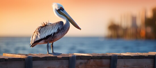 Poster - Large bird resting on a wood post overlooking the tranquil water. with copy space image. Place for adding text or design