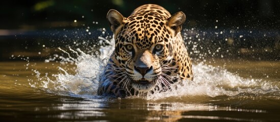 Poster - Jaguar Panthera onca getting ready to leap into the water for a swim, showcasing its powerful grace and agility. with copy space image. Place for adding text or design