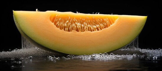Leinwandbilder - Fresh melon with a sliced half displayed on a table, commonly eaten as a fruit or used in fruit salads for its juicy pulp. with copy space image. Place for adding text or design