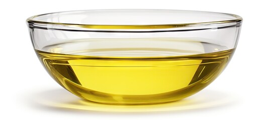 Poster - A glass bowl containing a yellow liquid, vegetable cooking oil, isolated on a white background with clipping path. with copy space image. Place for adding text or design
