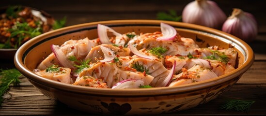 Aufkleber - Close up view of a bowl filled with onions and garlic, showcasing the fresh ingredients for cooking. with copy space image. Place for adding text or design