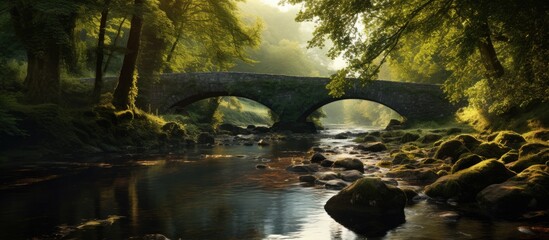 Poster - Wooden bridge stretching across a serene stream in a lush forest with moss-covered rocks. with copy space image. Place for adding text or design