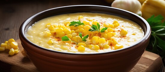 Delicious creamed corn soup topped with fresh garlic and parsley served on a rustic wooden board. with copy space image. Place for adding text or design