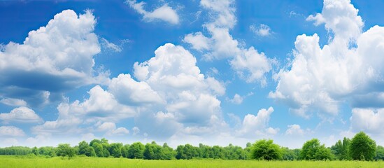 Wall Mural - Fluffy white clouds float in the blue sky above a field dotted with lush green trees, a serene natural scene. with copy space image. Place for adding text or design
