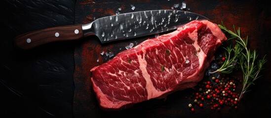 Wall Mural - Sliced beef steak being prepared on a cutting board with a knife and sprinkled pepper. with copy space image. Place for adding text or design