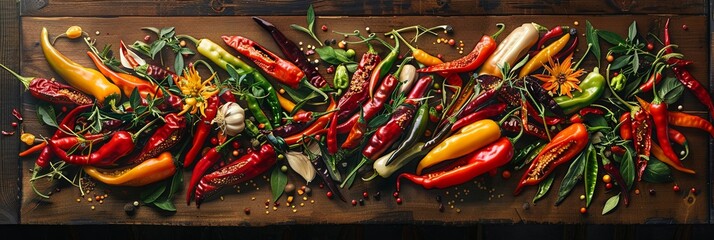 Poster - A collection of colorful chili peppers, both fresh and dried, arranged on a rustic wooden surface. Generative AI
