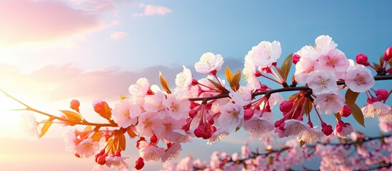 Poster - Cherry tree branch with beautiful pink flowers blooming in spring under a sunset sky. with copy space image. Place for adding text or design