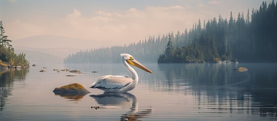 Poster - Large white bird, a pelican, standing gracefully on a rock amidst calm lake water. with copy space image. Place for adding text or design