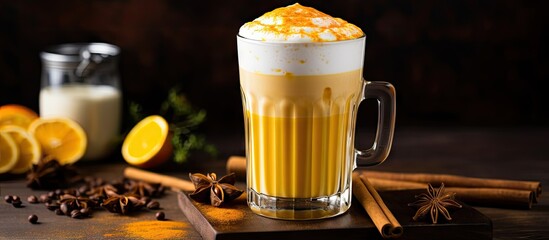 Poster - Close-up of a glass of coffee topped with whipped cream and slices of orange, in a visually appealing arrangement. with copy space image. Place for adding text or design