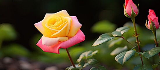 Leinwandbilder - Vibrant yellow rose is focal point surrounded by delicate pink petals in a lush garden setting. with copy space image. Place for adding text or design
