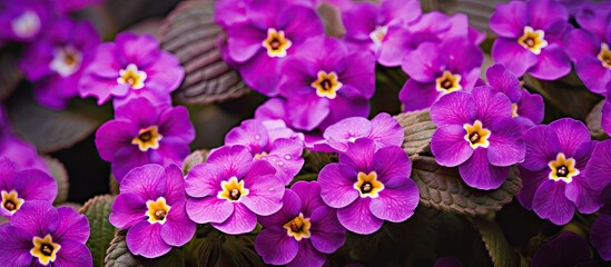 Poster - Vibrant purple flowers displaying yellow centers thrive in a lush garden setting. with copy space image. Place for adding text or design