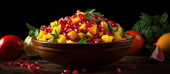 Leinwandbilder - Colorful fruit salad featuring fresh pomegranate seeds and juicy orange slices in a bowl, creating a vibrant and refreshing dish. with copy space image. Place for adding text or design