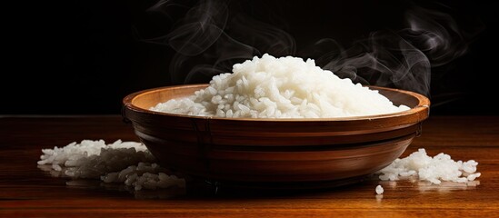 Leinwandbilder - Bowl containing an abundance of grains of white rice close-up view, suitable for various meal preparations. with copy space image. Place for adding text or design