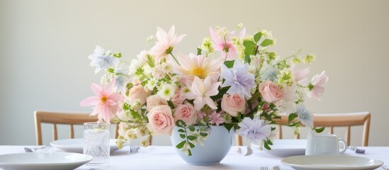 Leinwandbilder - Elegant dining table adorned with a pastel-colored floral arrangement centerpiece alongside plates and cups. with copy space image. Place for adding text or design
