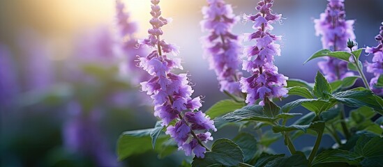 Aufkleber - Vibrant purple flowers blooming in a garden under the warm sunlight creating a beautiful and serene scene. with copy space image. Place for adding text or design