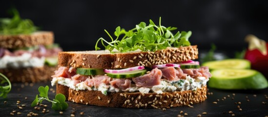 Aufkleber - Close-up of a tasty sandwich featuring a mix of creamy tuna, cream cheese, and sesame seeds on a table. with copy space image. Place for adding text or design