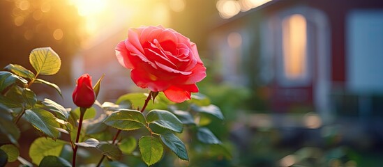 Poster - Soft-focused scarlet rose bud blossoming in cottage yard garden. with copy space image. Place for adding text or design