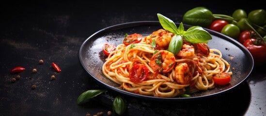 Aufkleber - Close-up of a plate of pasta spaghetti with spicy tomato arrabbiata sauce and shrimp on a black marble table. with copy space image. Place for adding text or design