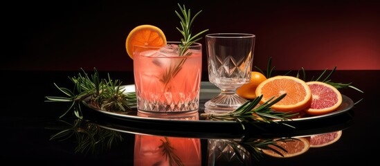 Poster - Glass of water with refreshing orange slice and another glass with fragrant rosemary sprig. with copy space image. Place for adding text or design