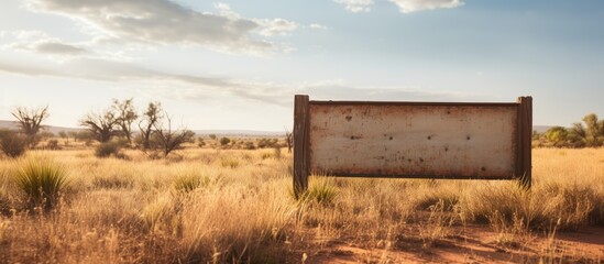 Aufkleber - A weathered, blank sign, battered by time, stands alone in the midst of a vast field of tall grass. with copy space image. Place for adding text or design