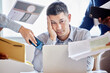 © Alexis S/peopleimages.com - Hands, portrait or businessman with multitasking stress in office or laptop headache, mistake or deadline disaster. Burnout, chaos or manager overwhelmed by team for tax, audit or compliance fail